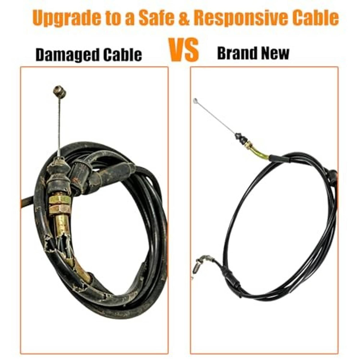 Throttle cable set comparison, new black cable with braided wire and brass end fitting