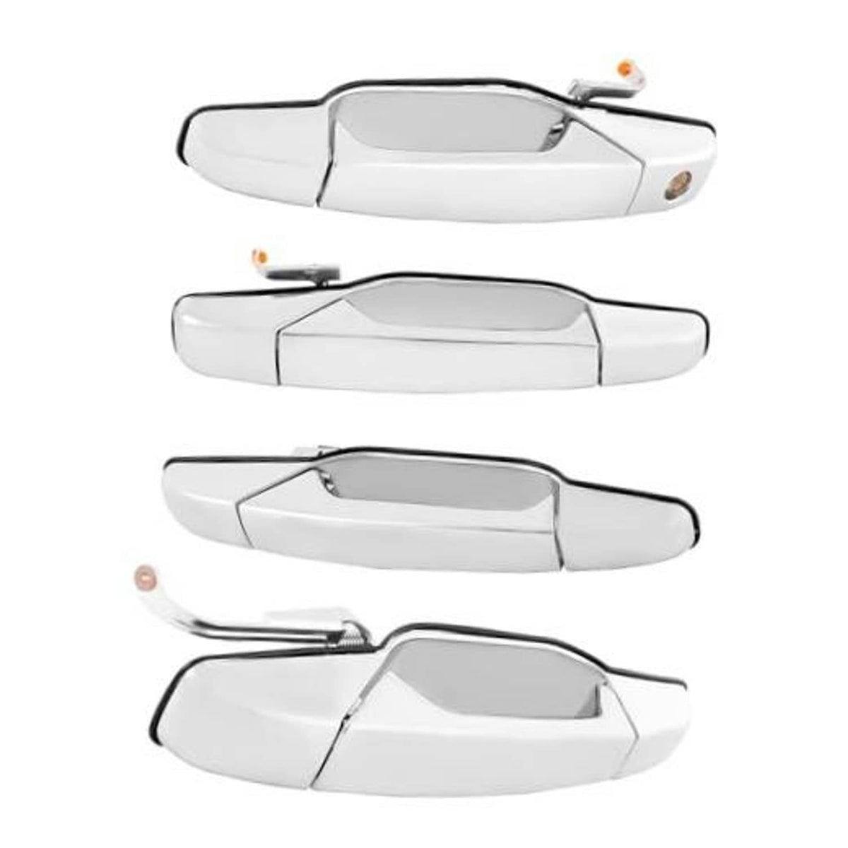 Silver chrome exterior door handle set with lever, front and side views