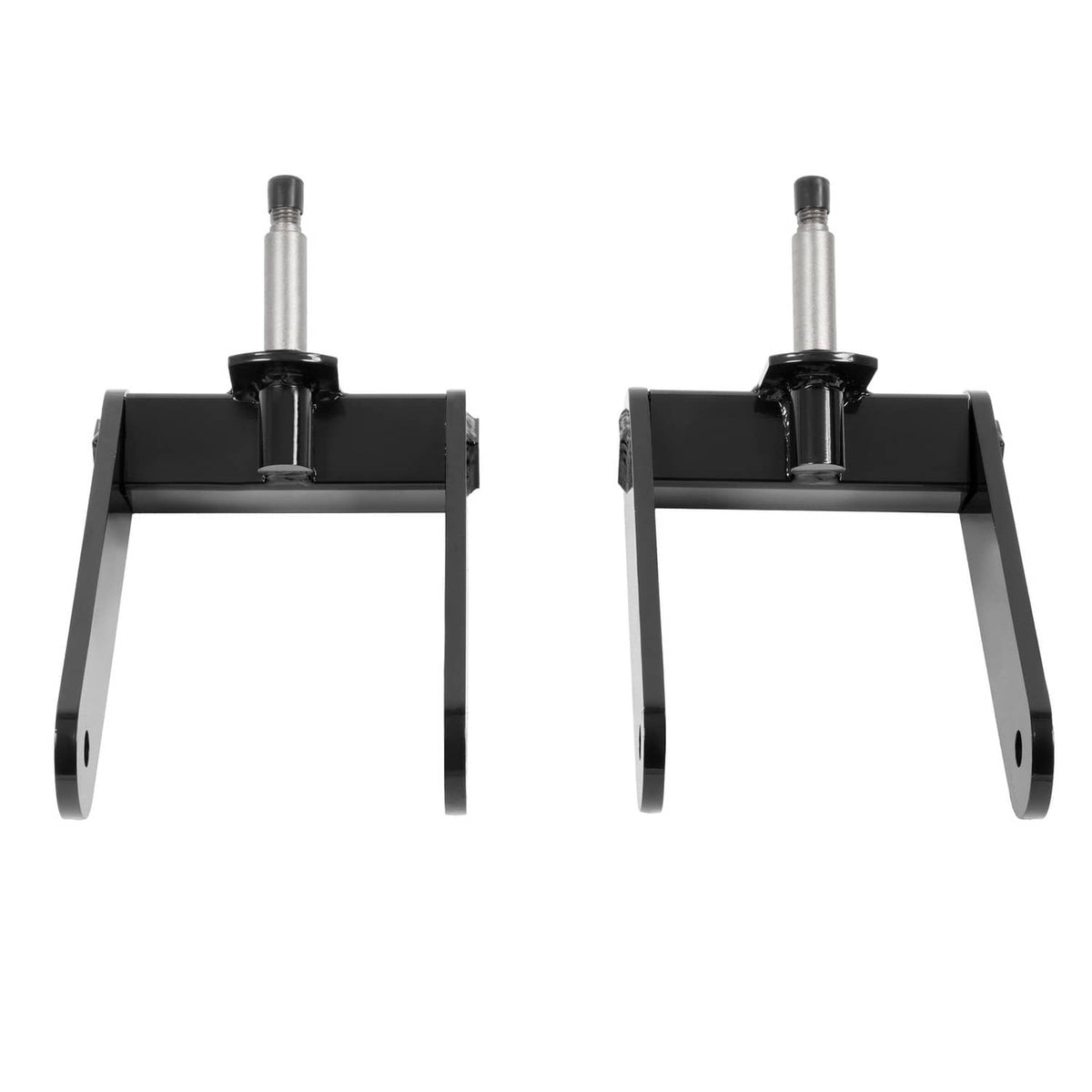 Pair of black mower fork supports with vertical mounting pins