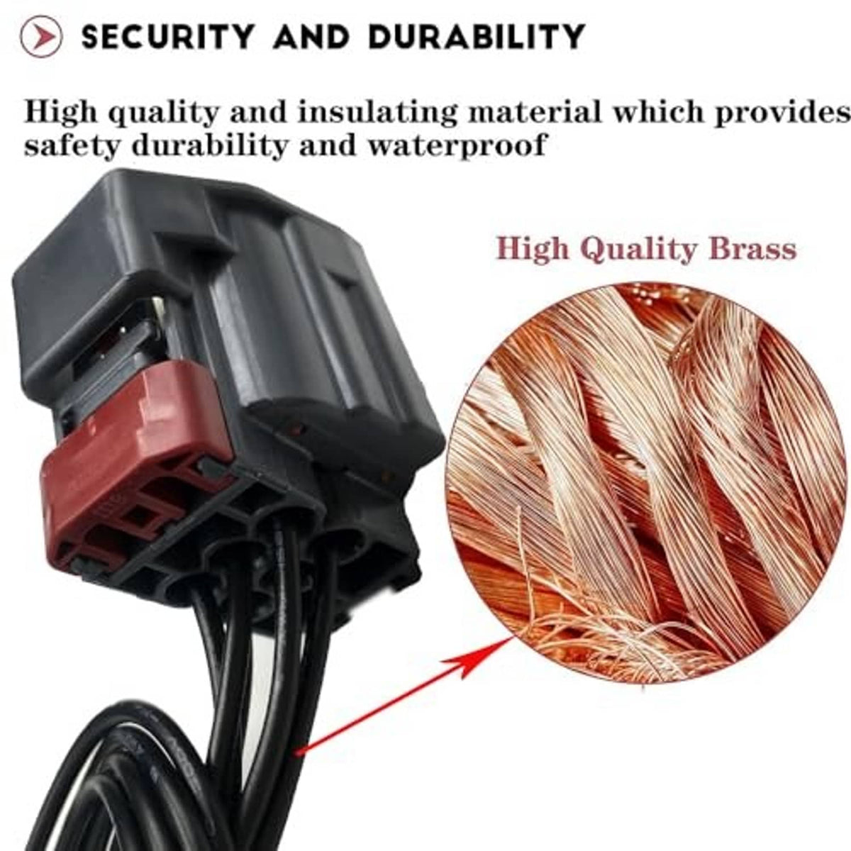 Headlight connector harness pigtail plug with black wire leads and red lock tab