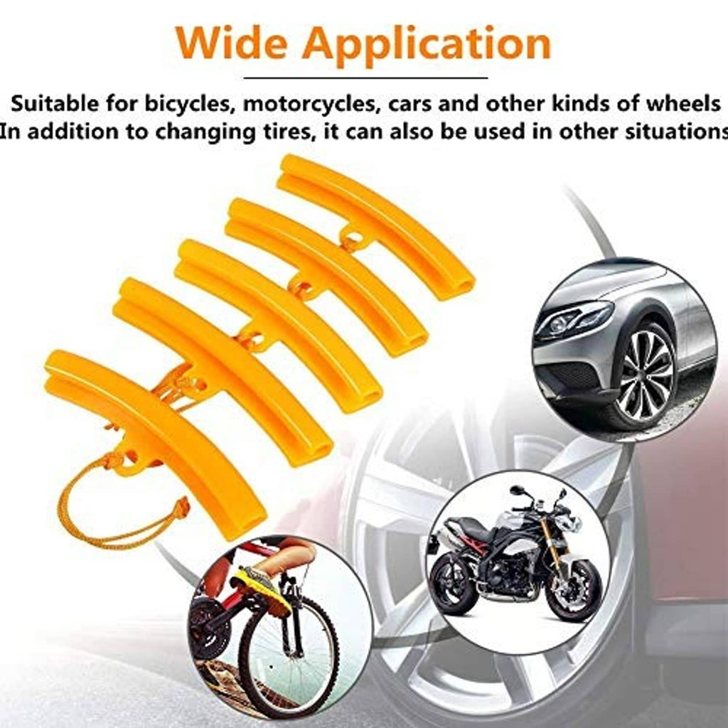 Set of five orange rim protector guards for protecting wheel rims during tire changes
