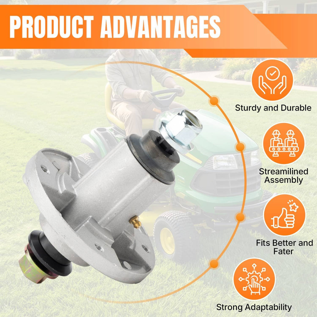 Deck rebuild kit featuring a metal spindle assembly with orange belt components