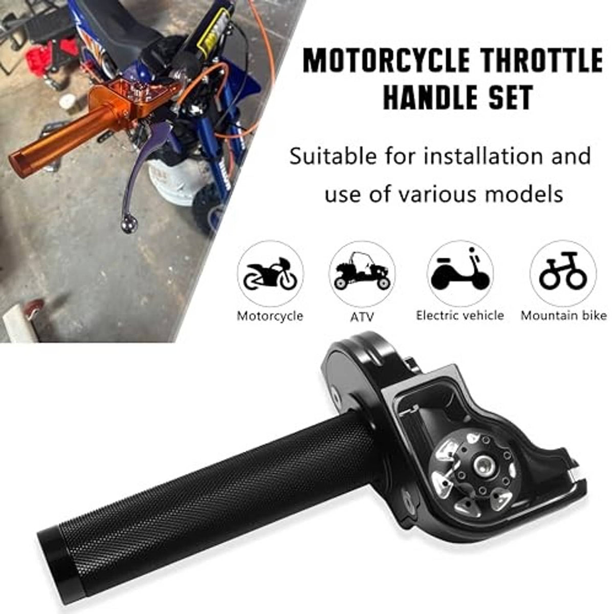Motorcycle throttle handle set with black grip sleeves and mounting bracket