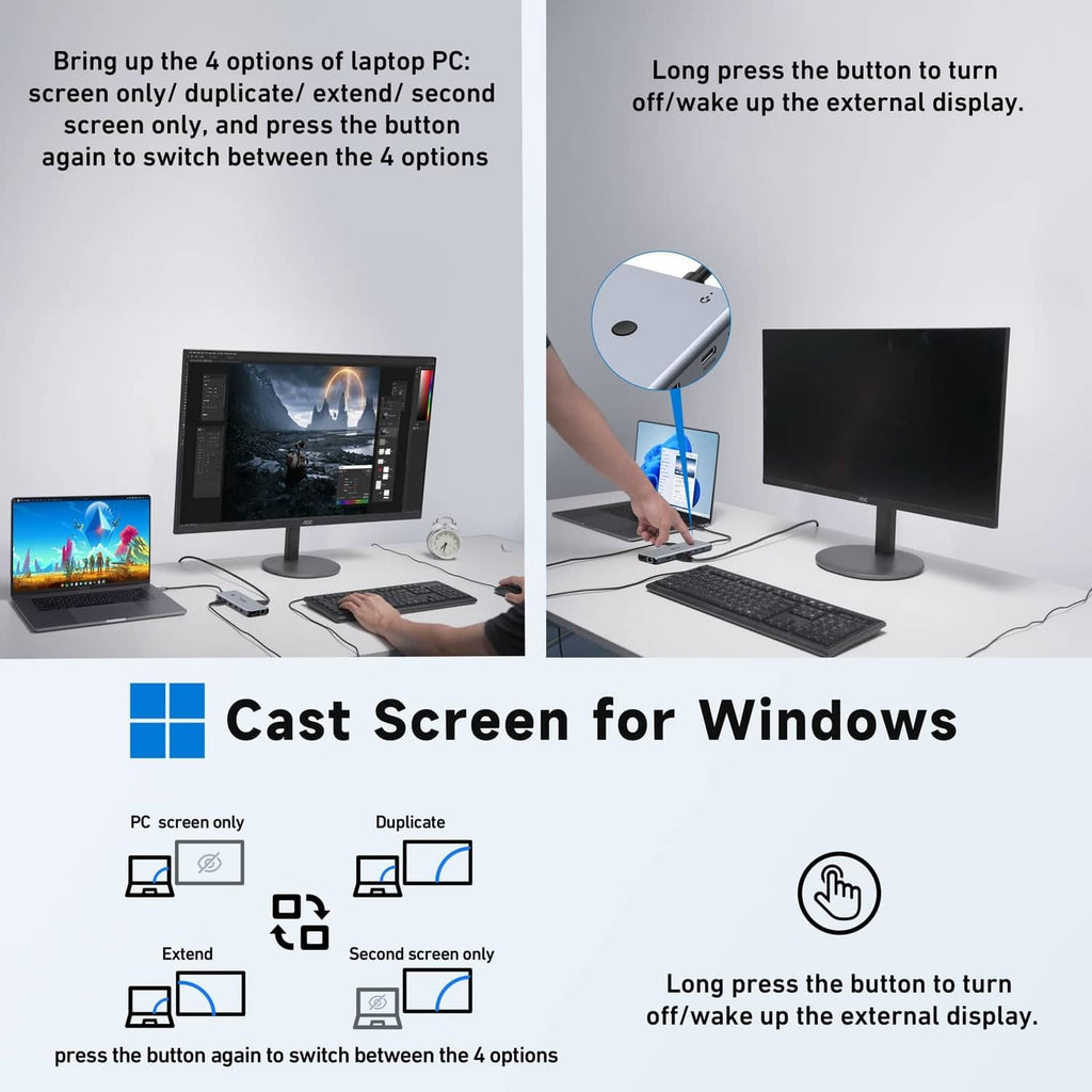 USB-C docking station with connected display option for Windows casting modes