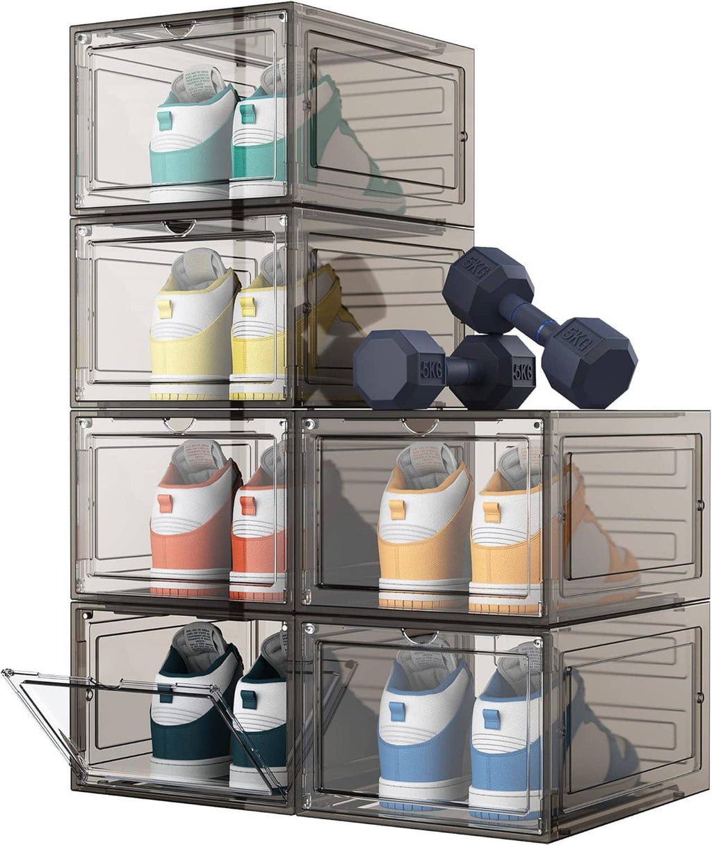 Stacked set of 6 clear shoe organizer boxes with transparent fronts and swing-open lids