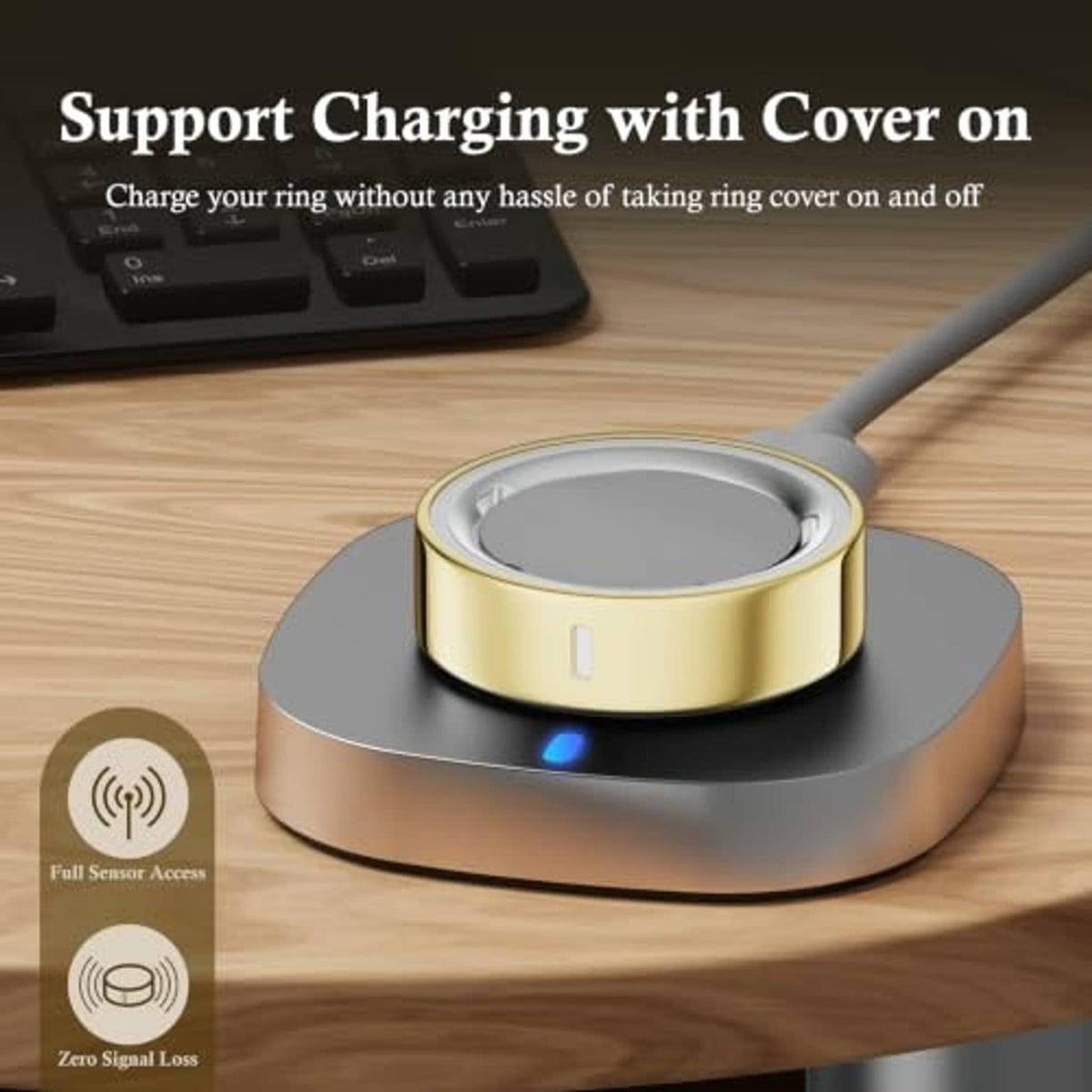 Gold ring cover on charging dock with gray interior insert