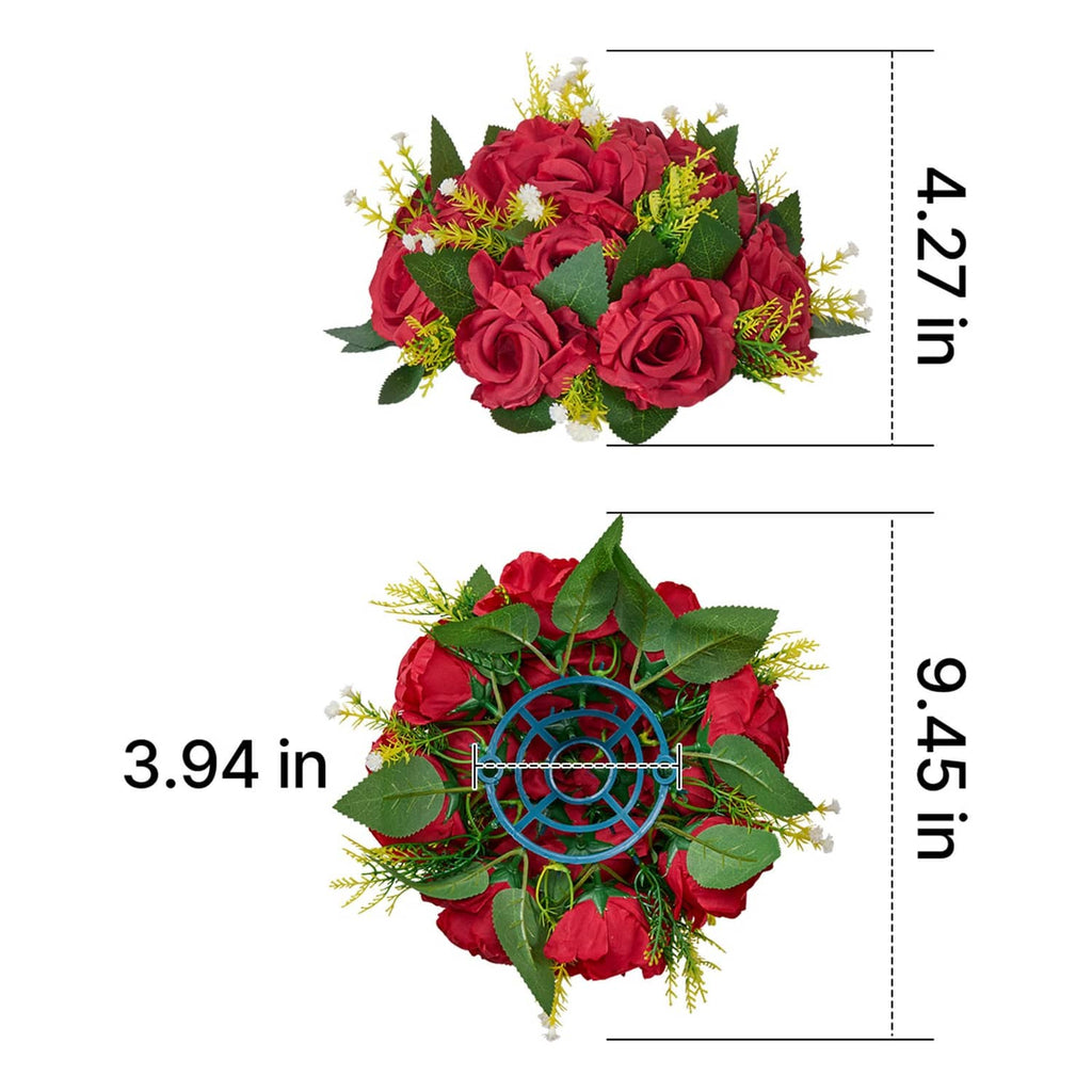 Red artificial flower ball with roses, green leaves, and yellow accents, front view with size marks