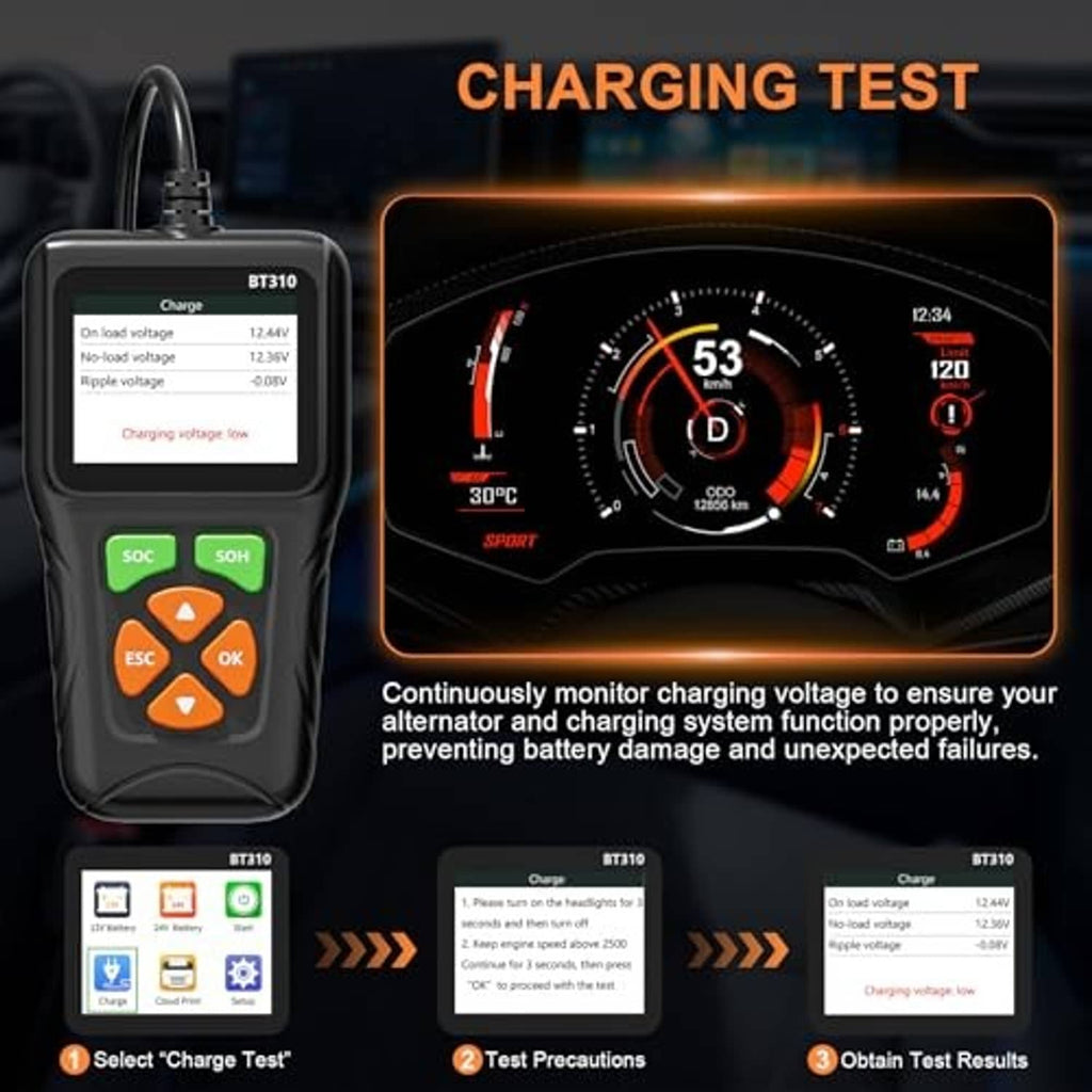 Handheld charging tester with voltage gauge screen and SOC/SOH buttons.
