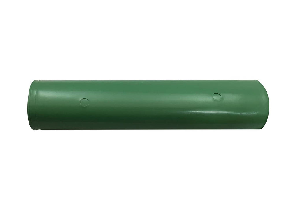 Green plastic downspout extender pipe section with rolled ends