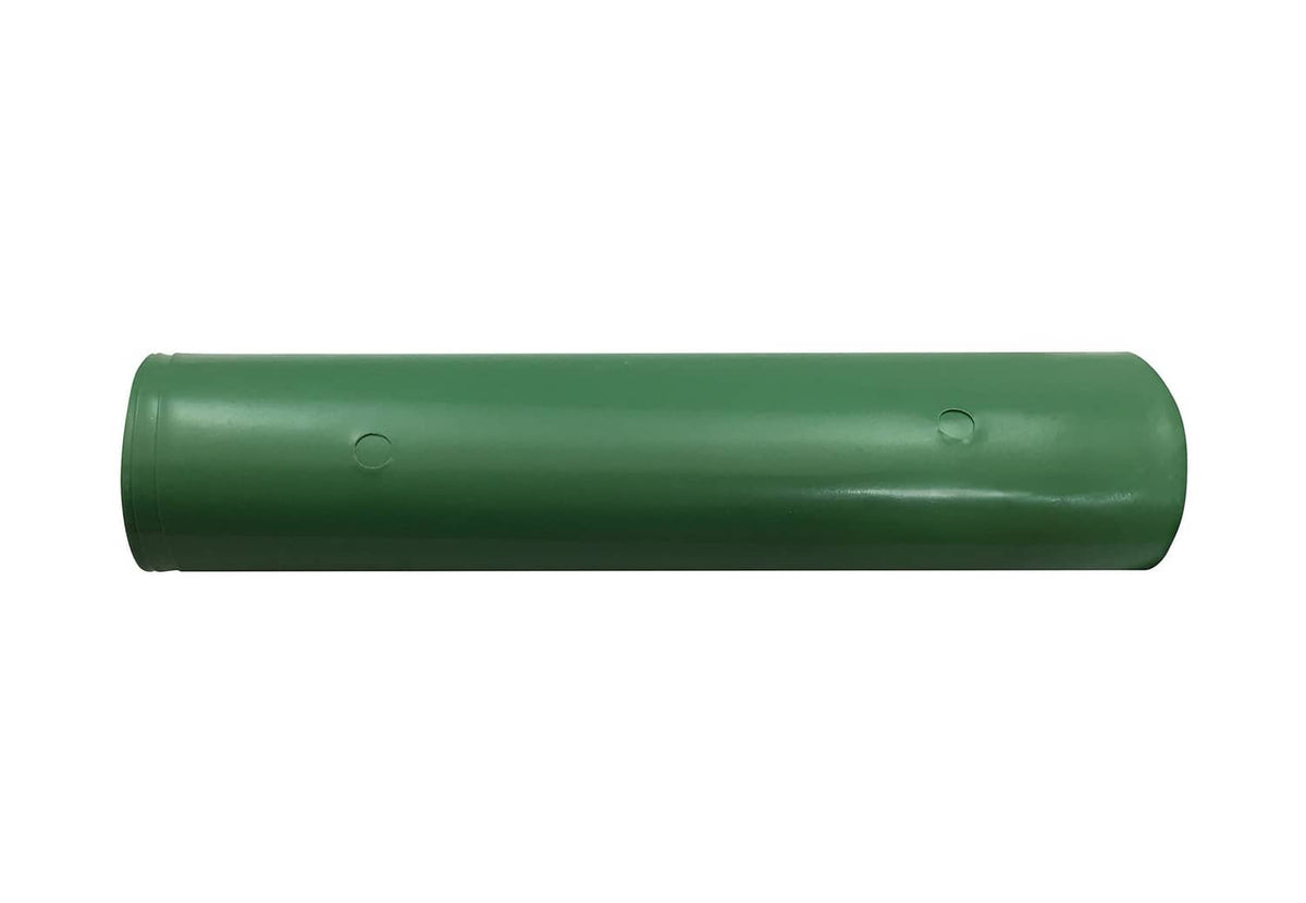 Green plastic downspout extender pipe section with rolled ends