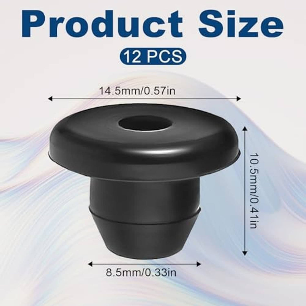Black rubber oil plug with flat head and center hole, shown with size markings