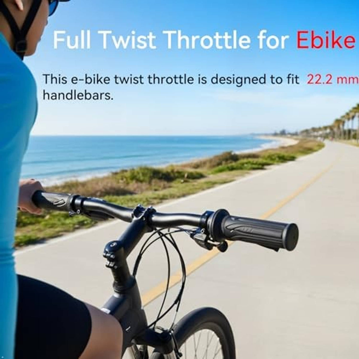 Black full-twist throttle grip mounted on e-bike handlebars with cable