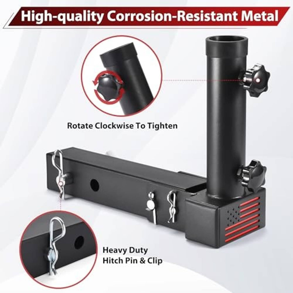 Black metal flagpole mount with upright tube and hitch pin with clip