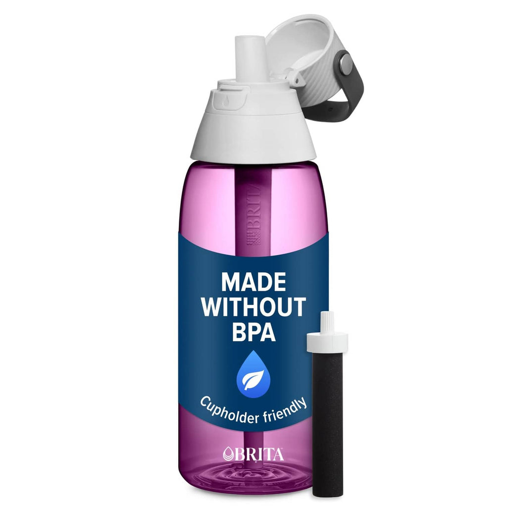 Orchid purple hard-sided filtering water bottle with white flip top and carrying handle