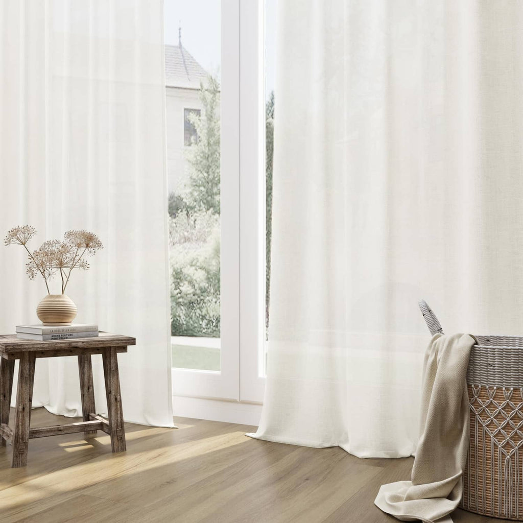 Natural linen curtains, floor-length panels with gathered header and smooth pleats