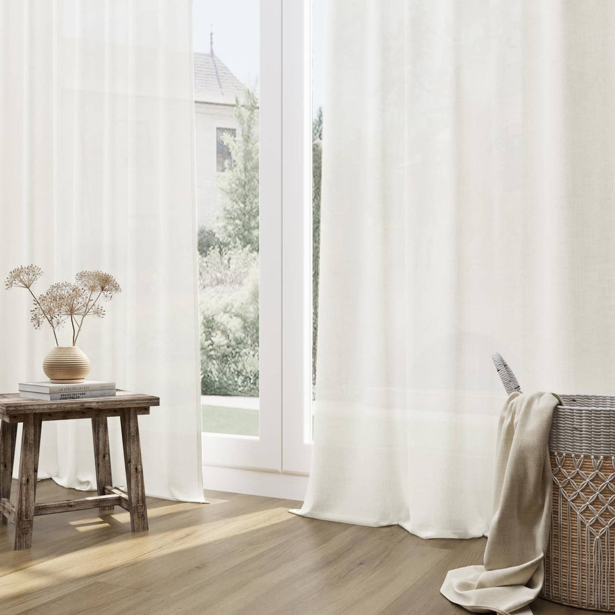 Natural linen curtains, floor-length panels with gathered header and smooth pleats