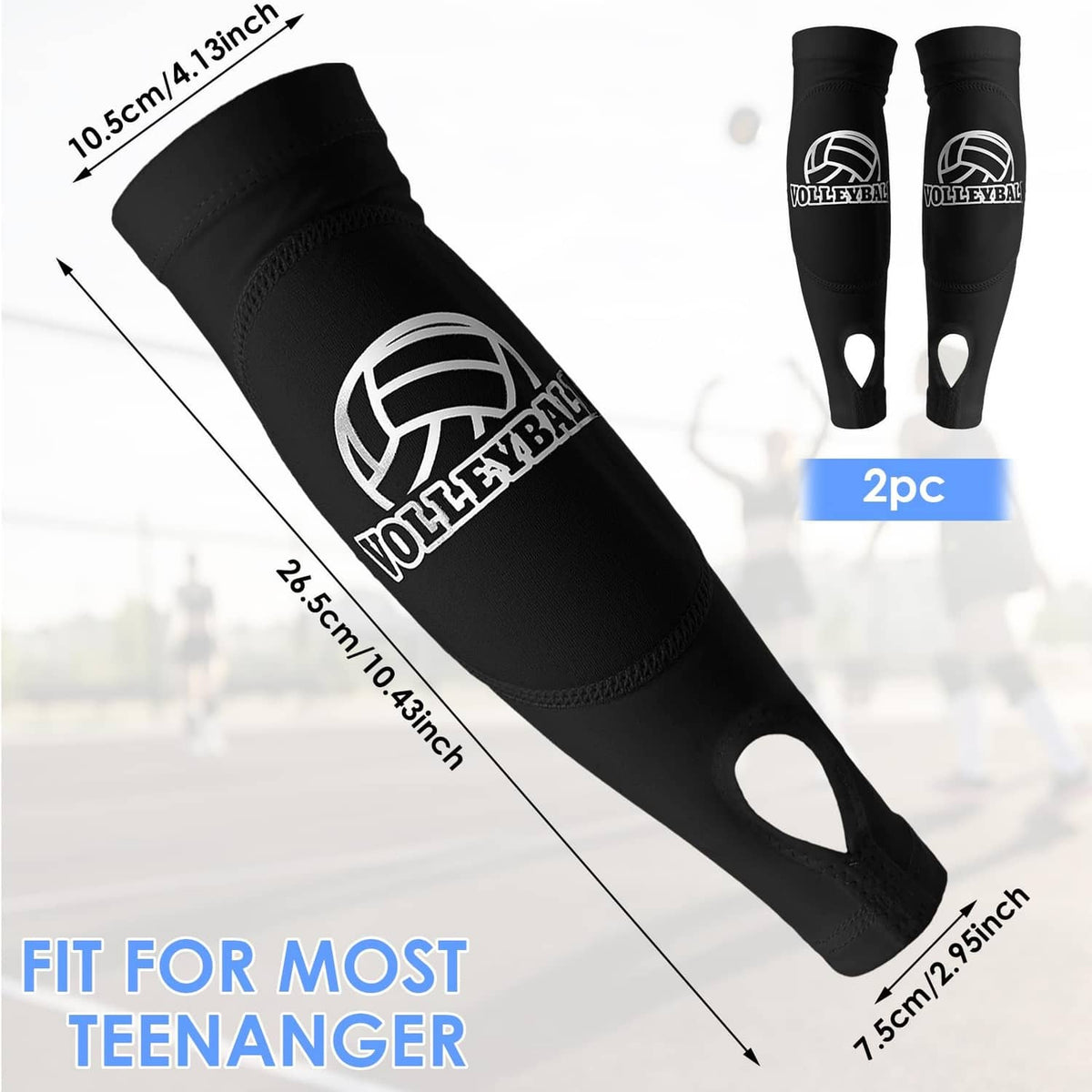 Black volleyball arm sleeves two-pack, white forearm logo, padded cutout