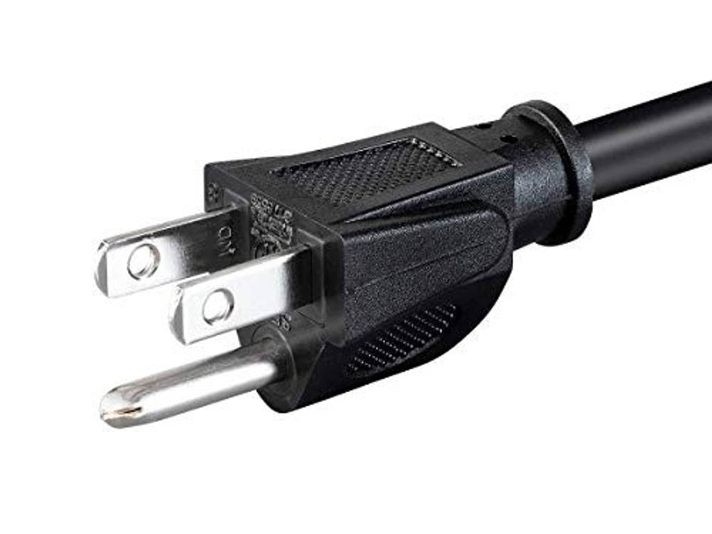 Black power cord showing angled NEMA 5-15P plug and IEC 60320 C15 end