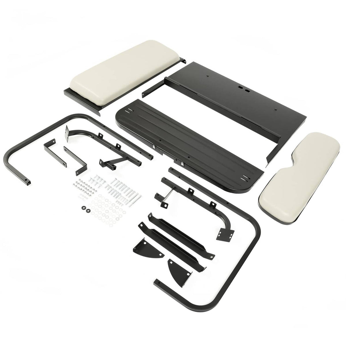 Flip rear back seat kit parts: off-white cushions with black bases, rails, and hardware