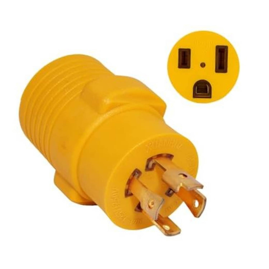 NEMA L14-30P male 4-prong locking adapter plug, yellow body and metal blades