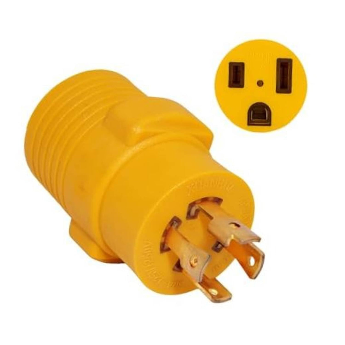 NEMA L14-30P male 4-prong locking adapter plug, yellow body and metal blades