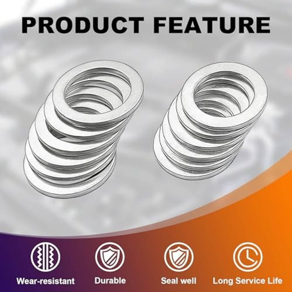 Two stacks of silver crush washers with durability and seal icons