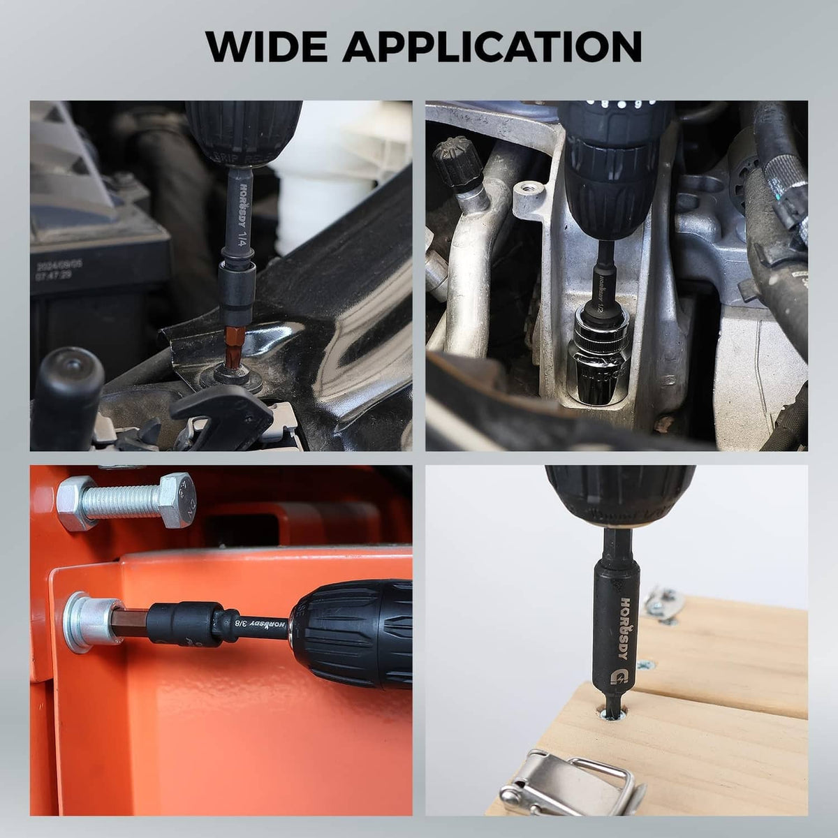 Black impact adapter and bit holder used with drill and socket applications