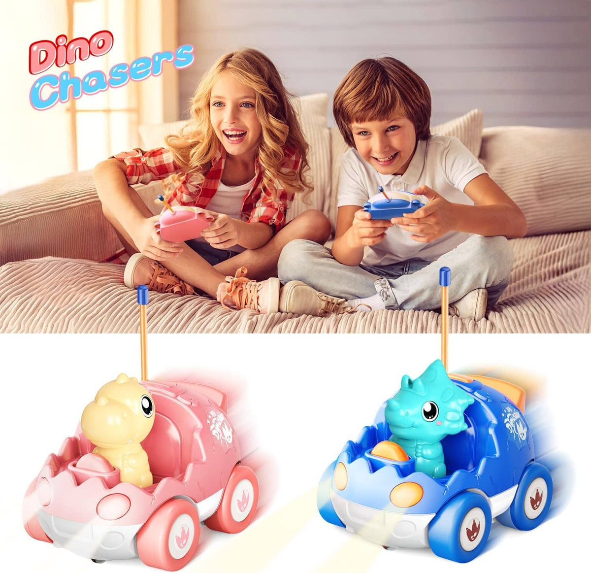 Remote control dinosaur cars for kids: pink and blue with antenna drivers