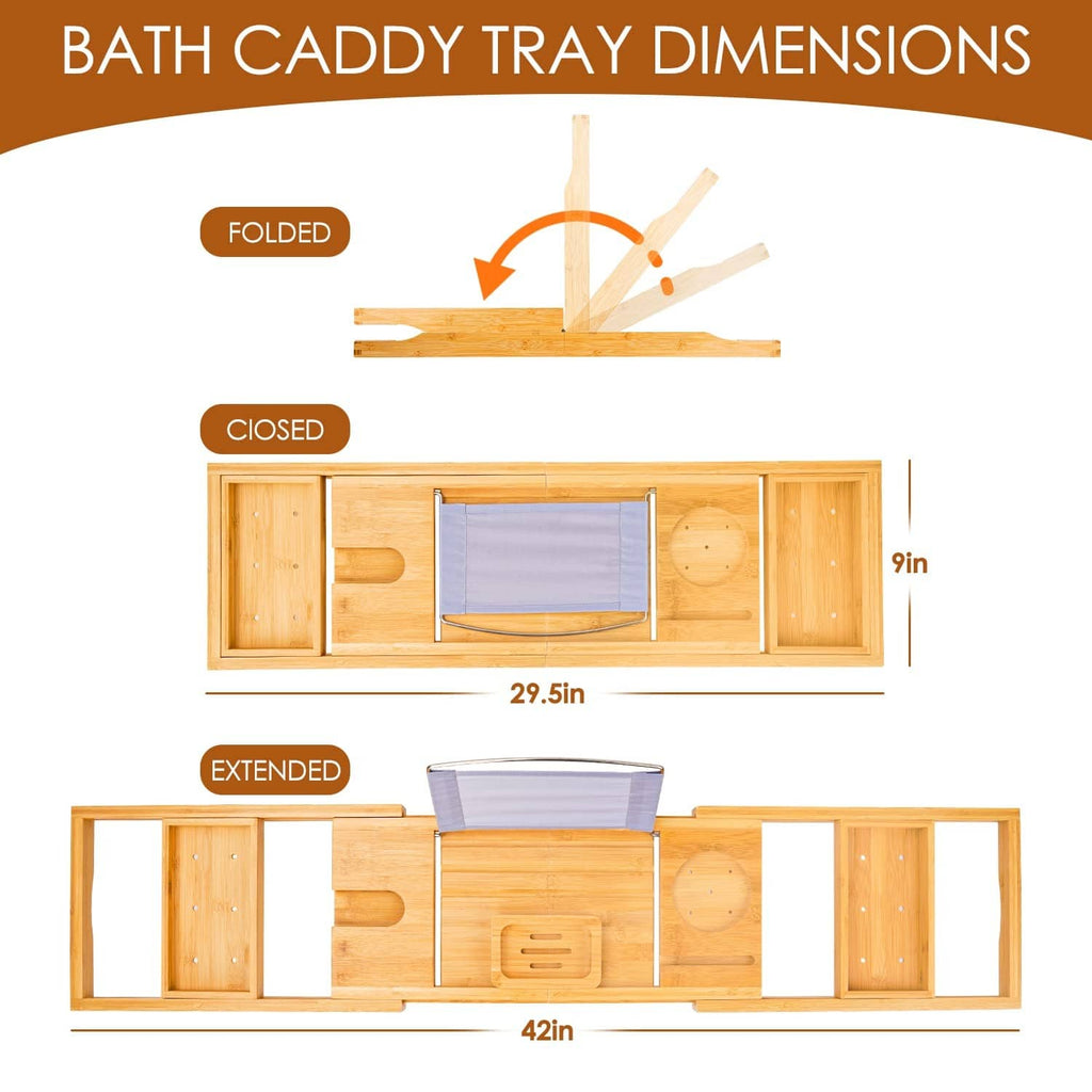 Foldable bamboo bath caddy tray diagram showing folded, closed, and extended sizes