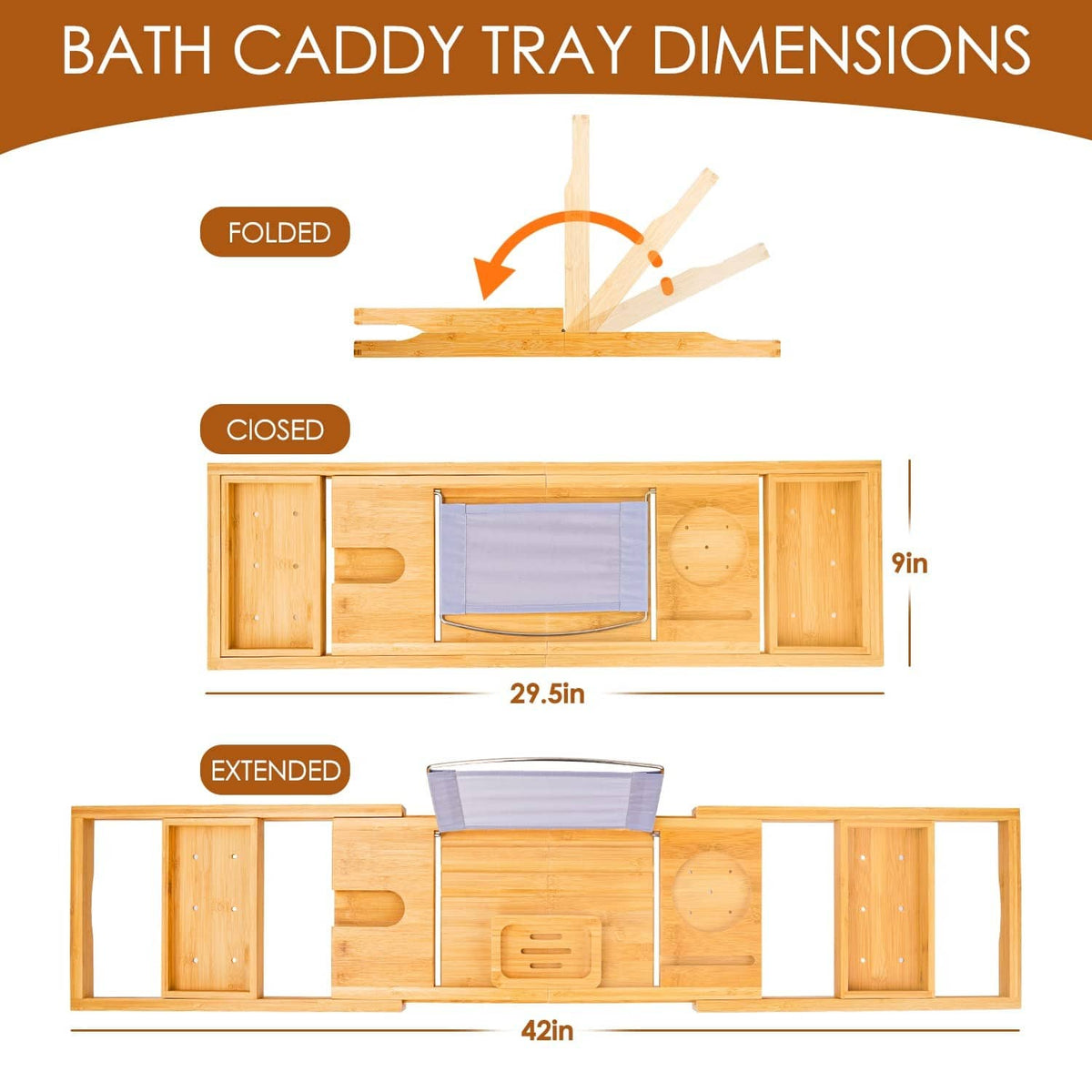 Foldable bamboo bath caddy tray diagram showing folded, closed, and extended sizes
