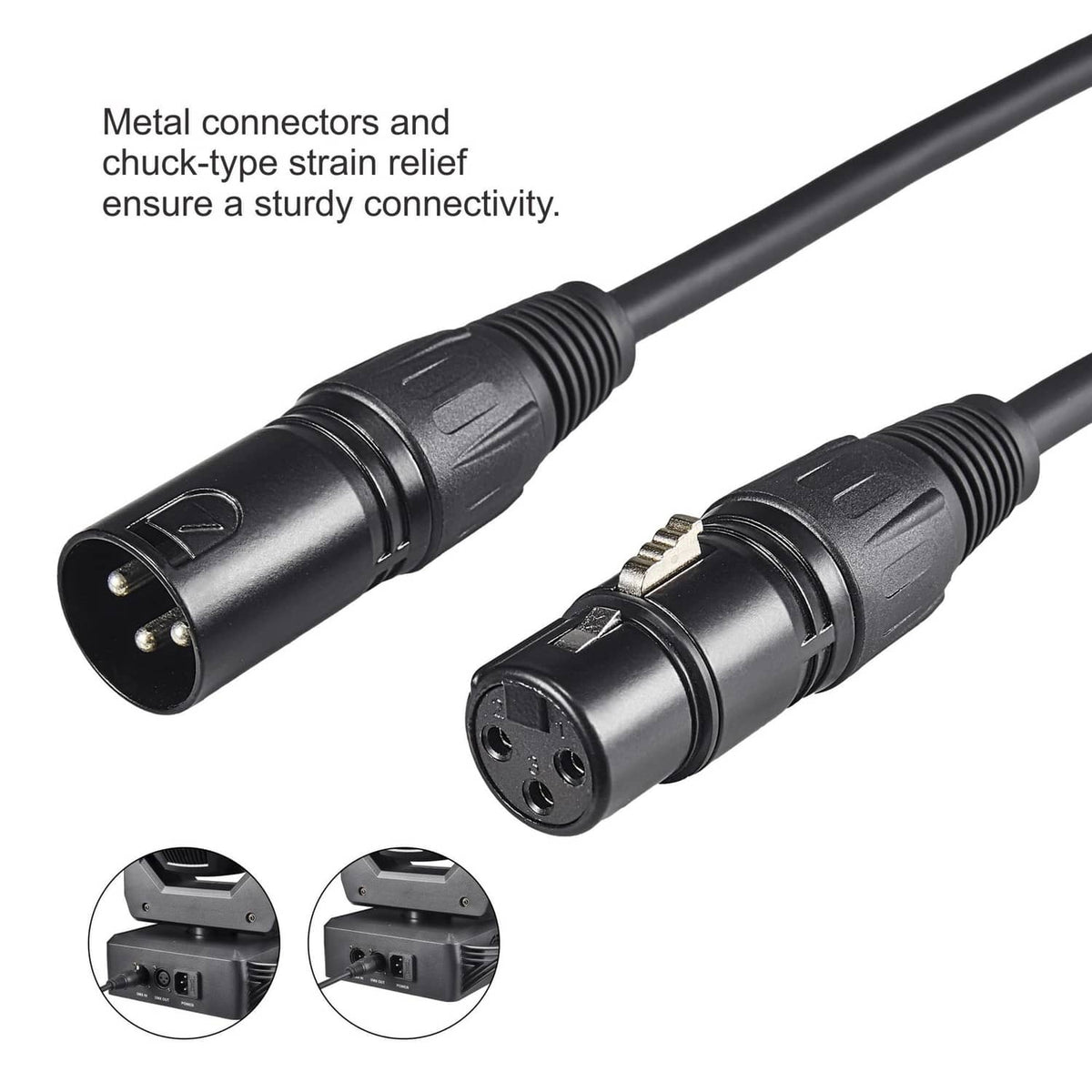 3-pin DMX cable with metal connectors and chuck-type strain relief for sturdy use
