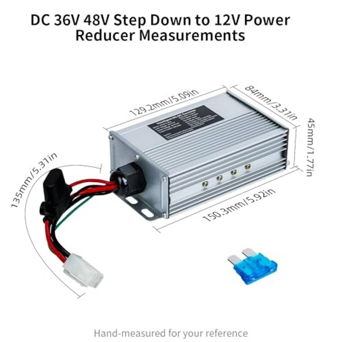 DC-DC step-down converter with mounting bracket, red/black leads, and dimension arrows
