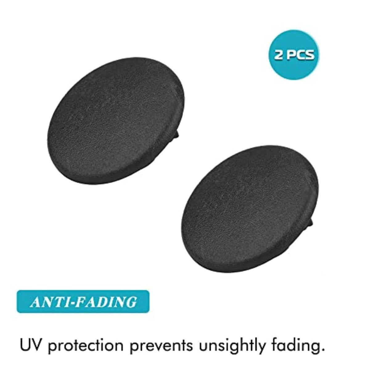 Two black oval armrest cover caps, textured surface, for rear bucket seats.
