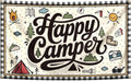 Camping banner flag with “Happy Camper” text, camping icons, and brass grommets border
