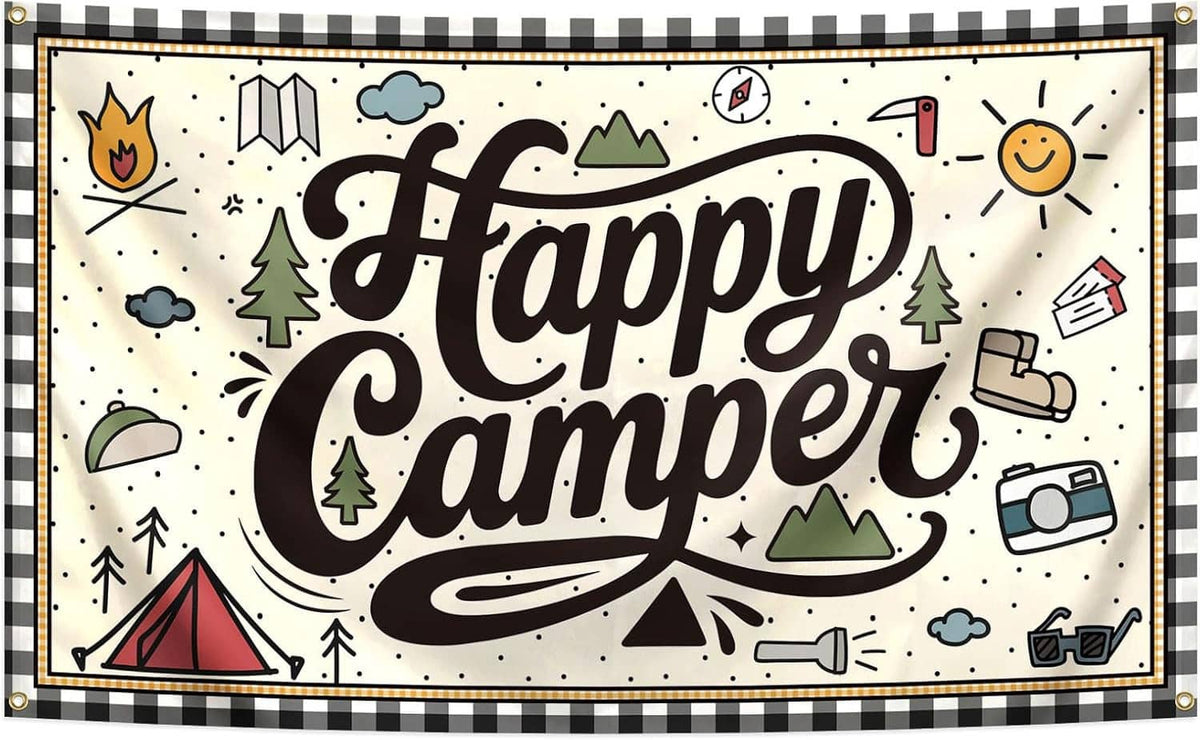 Camping banner flag with “Happy Camper” text, camping icons, and brass grommets border
