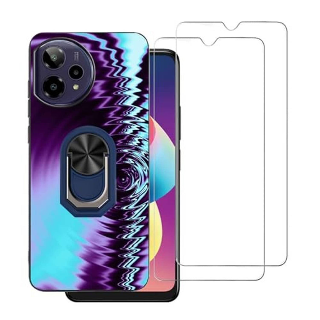 Phone case with purple-blue zigzag pattern, ring kickstand, and matching screen protector cover set