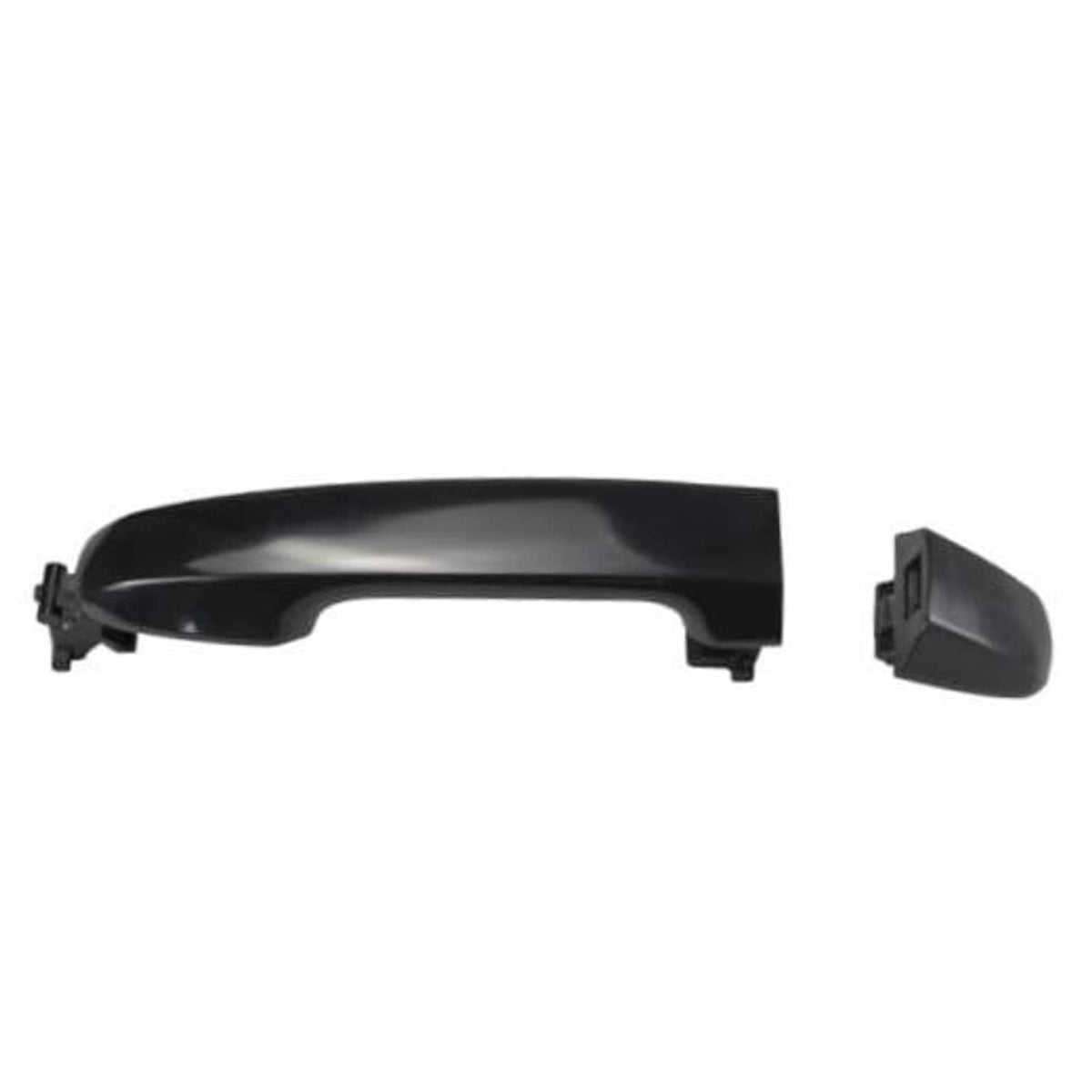 Black exterior door handle with mounting clips and small trim cap