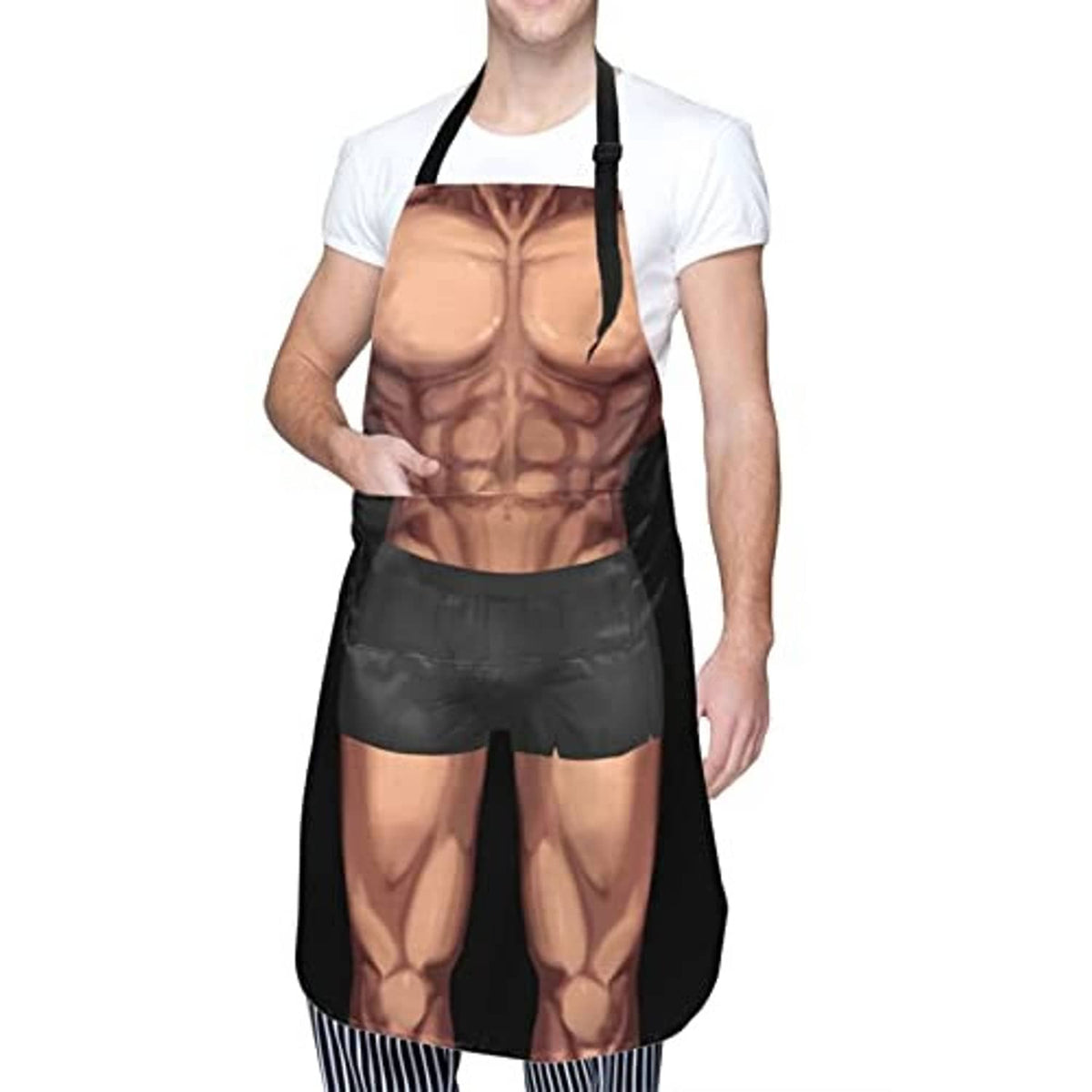 Muscular chest printed black kitchen apron with adjustable neck strap