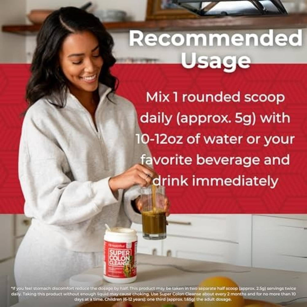Woman holding Super Colon Cleanse supplement bottle; red and white label