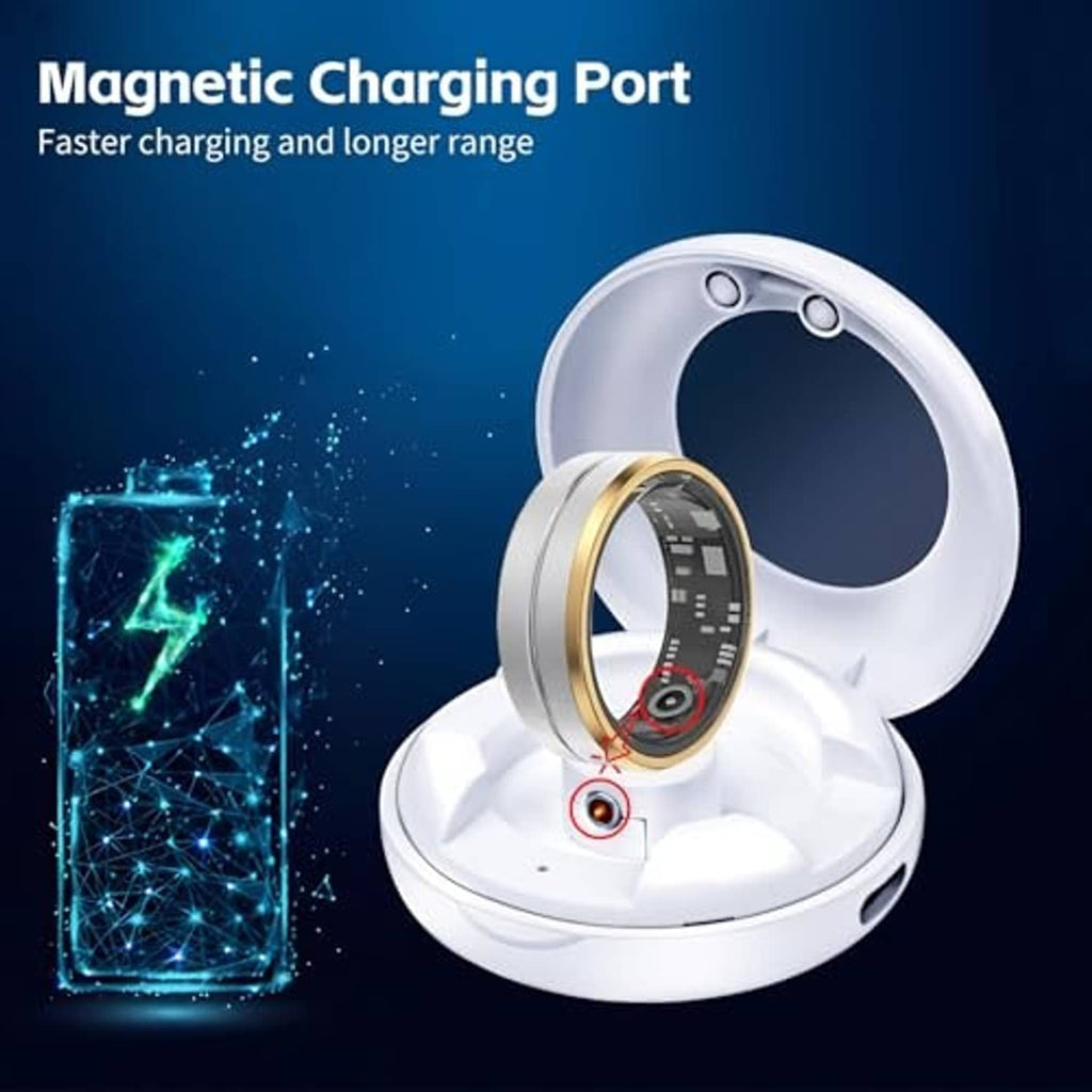 White magnetic smart ring charging case with open compartment and ring on dock
