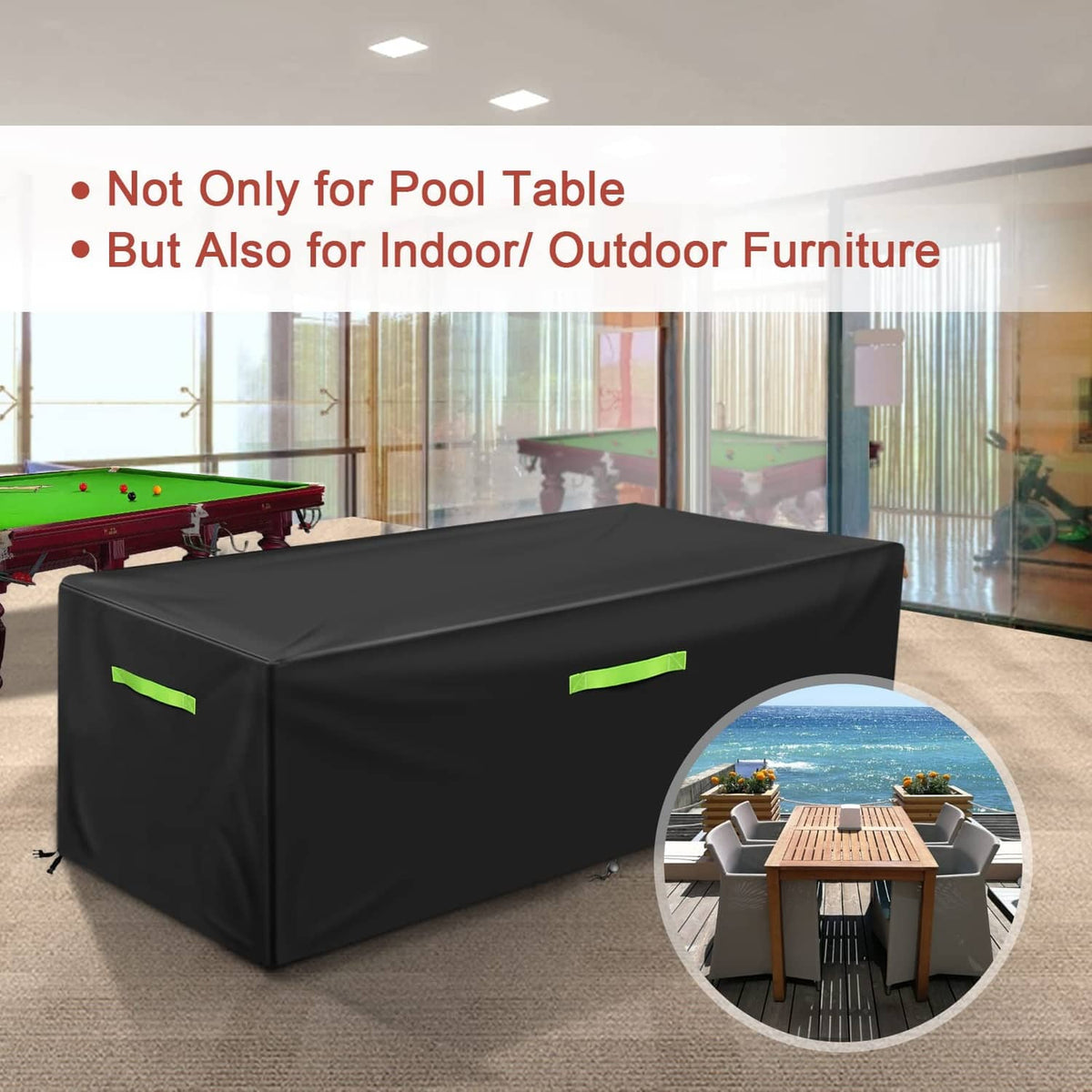 Black pool table cover with lime straps, used indoors on a billiard table
