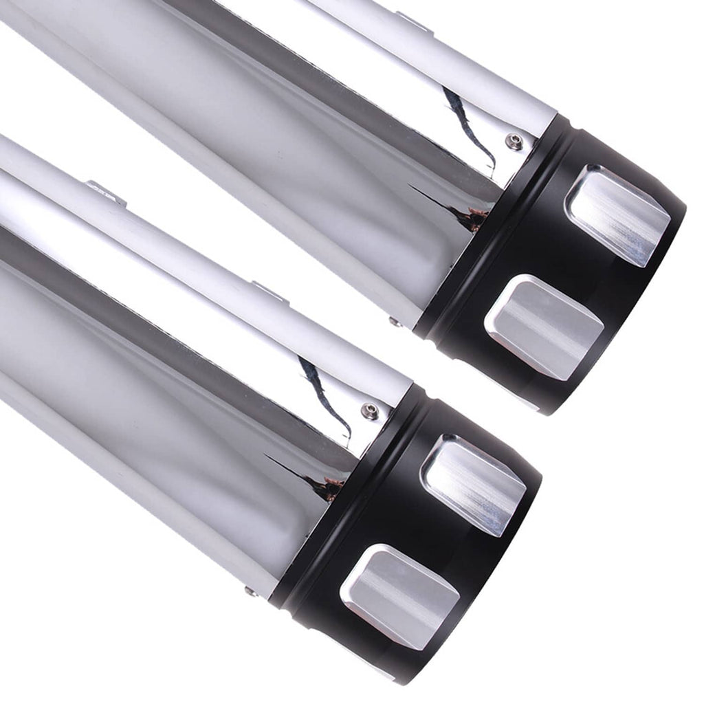 Two chrome exhaust mufflers angled view with black collars and rectangular accent plates