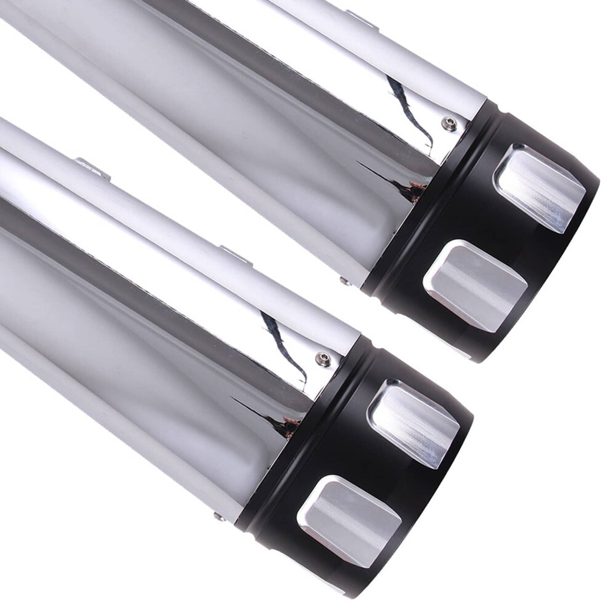 Two chrome exhaust mufflers angled view with black collars and rectangular accent plates