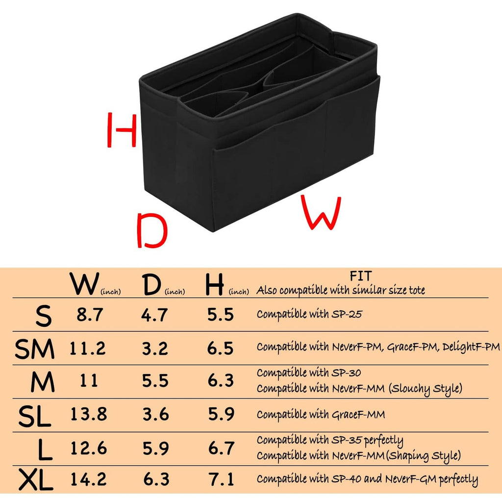 Black felt purse organizer insert with long compartments and inner dividers, open top