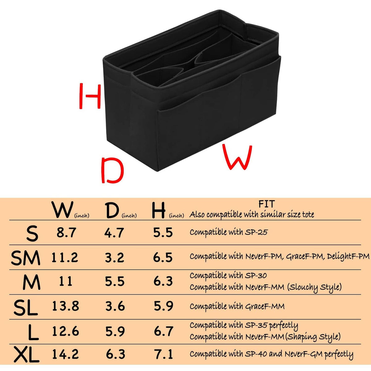 Black felt purse organizer insert with long compartments and inner dividers, open top