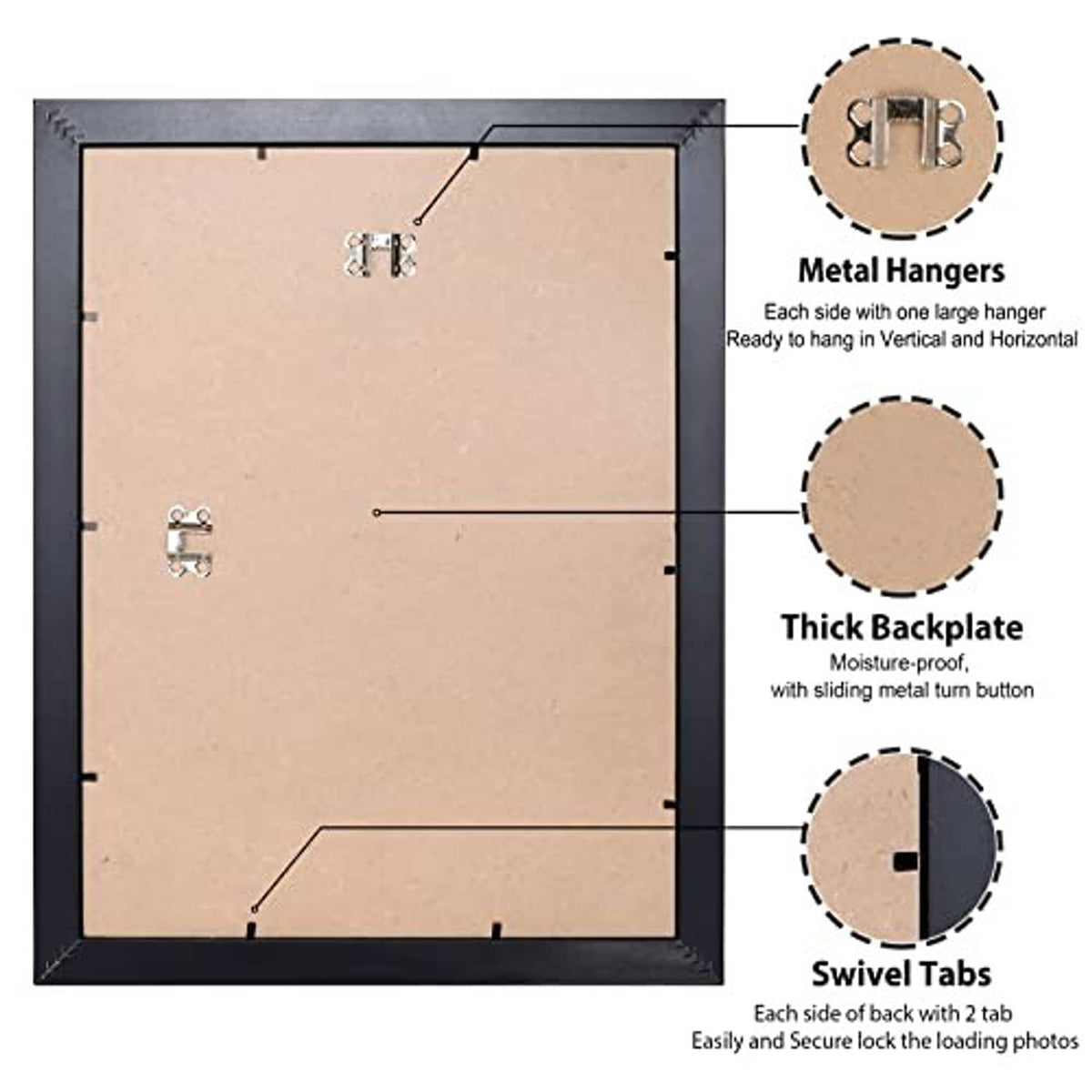 Poster frame back panel with metal hangers, thick backplate, swivel tabs