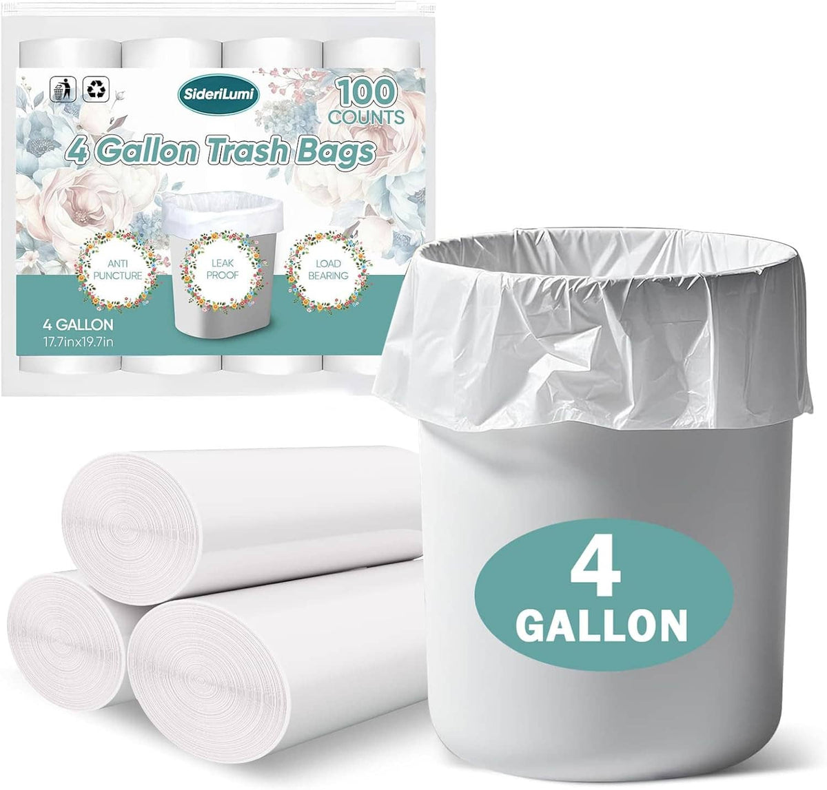 4-gallon trash bag liners: white roll packs and bin, leak-resistant, 100 count