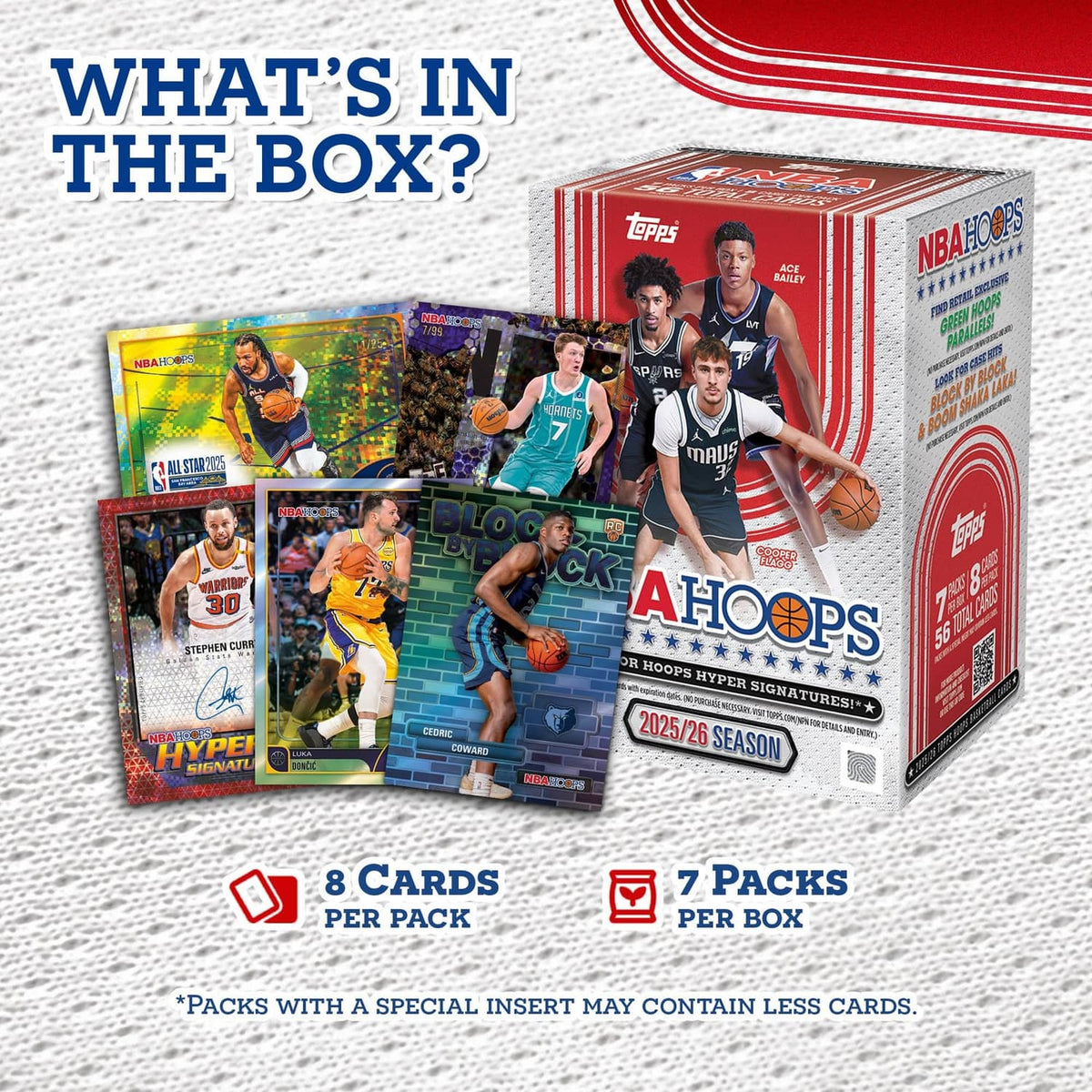 NBA Hoops 2025-26 value box showing contents: 8 cards per pack, 7 packs per box