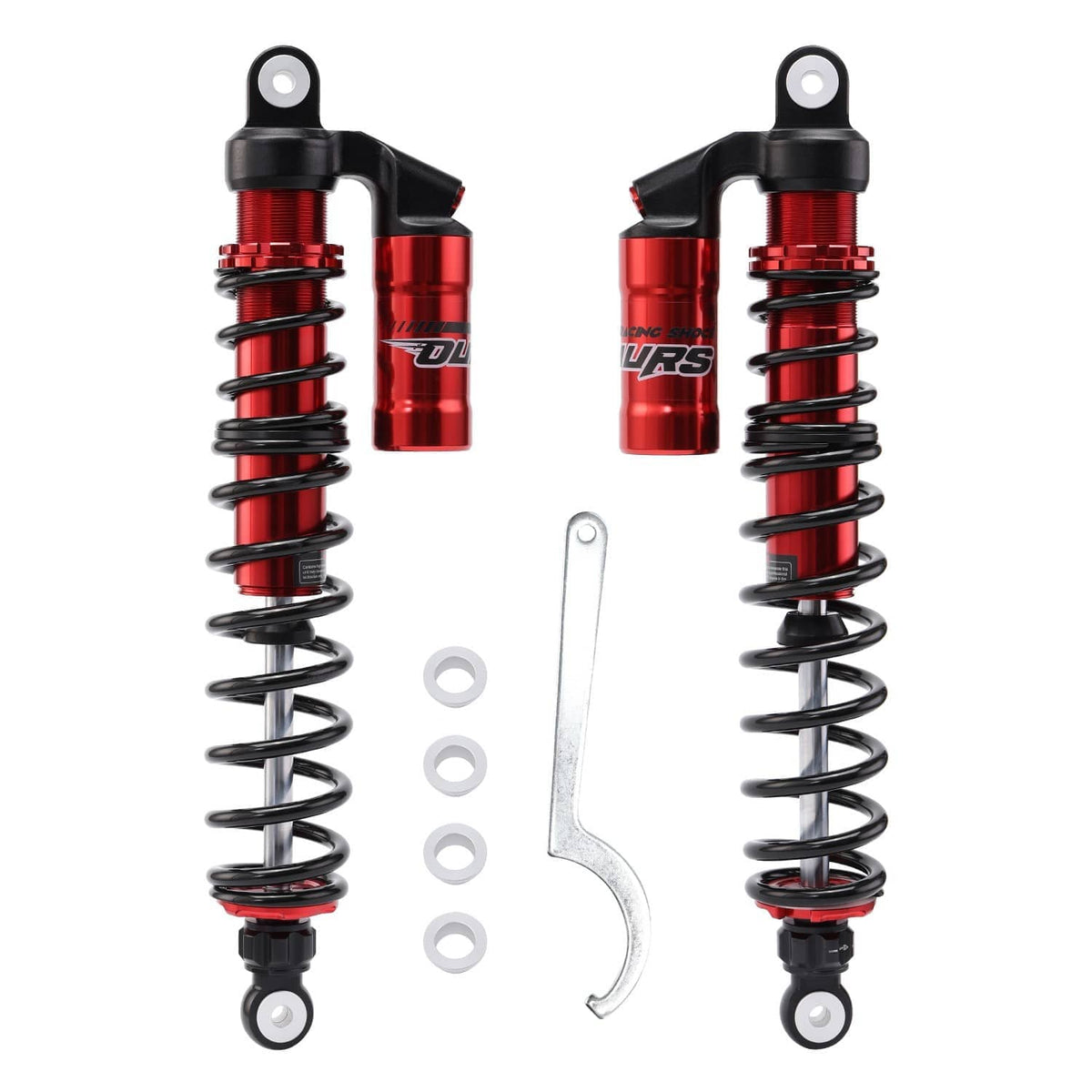 Two red rear shock absorbers with black springs and included wrench and washers