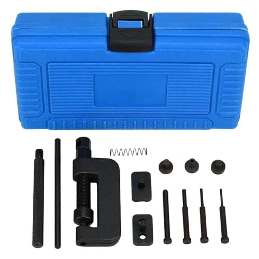 Motorcycle chain breaker tool set with blue carrying case and black press components